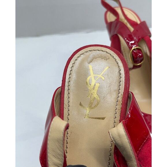 Authentic Yves Saint Laurent Red Platform Slingback Patent Suede Heels Size 39.5 - Picture 8 of 10